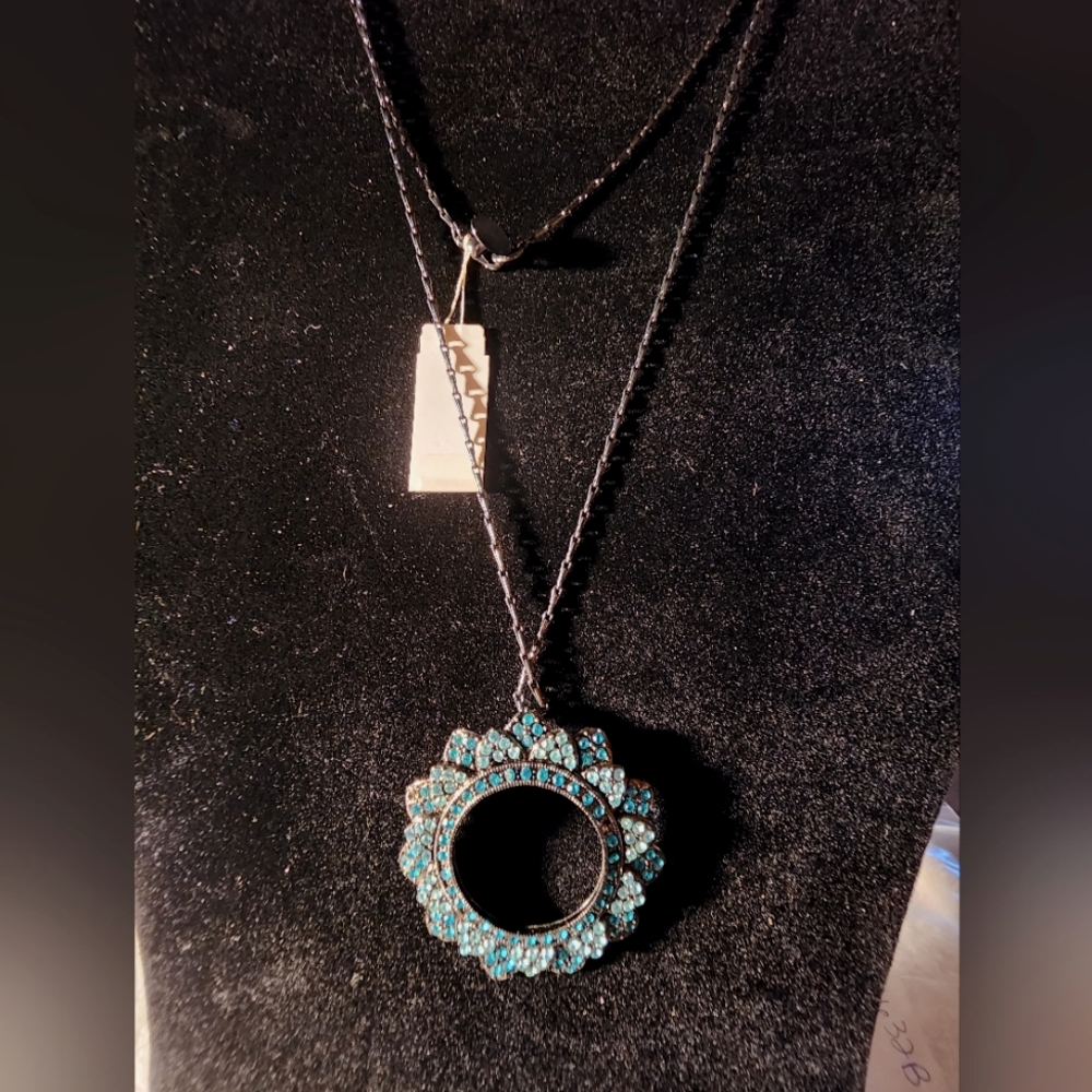 NWT Spring Street 36" Gunmetal-Tone Aqua Crystal Statement Pendant Necklace
